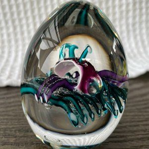 Handblown Egg Glass Art Vintage by Signed & dated turquoise purple white & pink